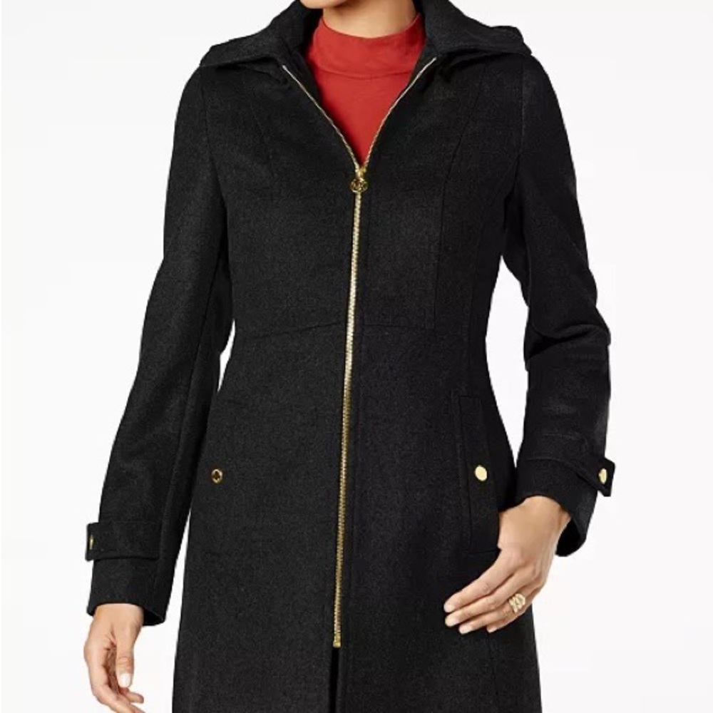 MICHAEL KORS Zip-Up Removable Hood Wool Coat Women‎  Black Lined Gold Zip Medium